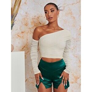 SHEIN BAE Blouse S Beige Asymmetrical Neck Ruched Side Wrap Glitter Long Sleeve